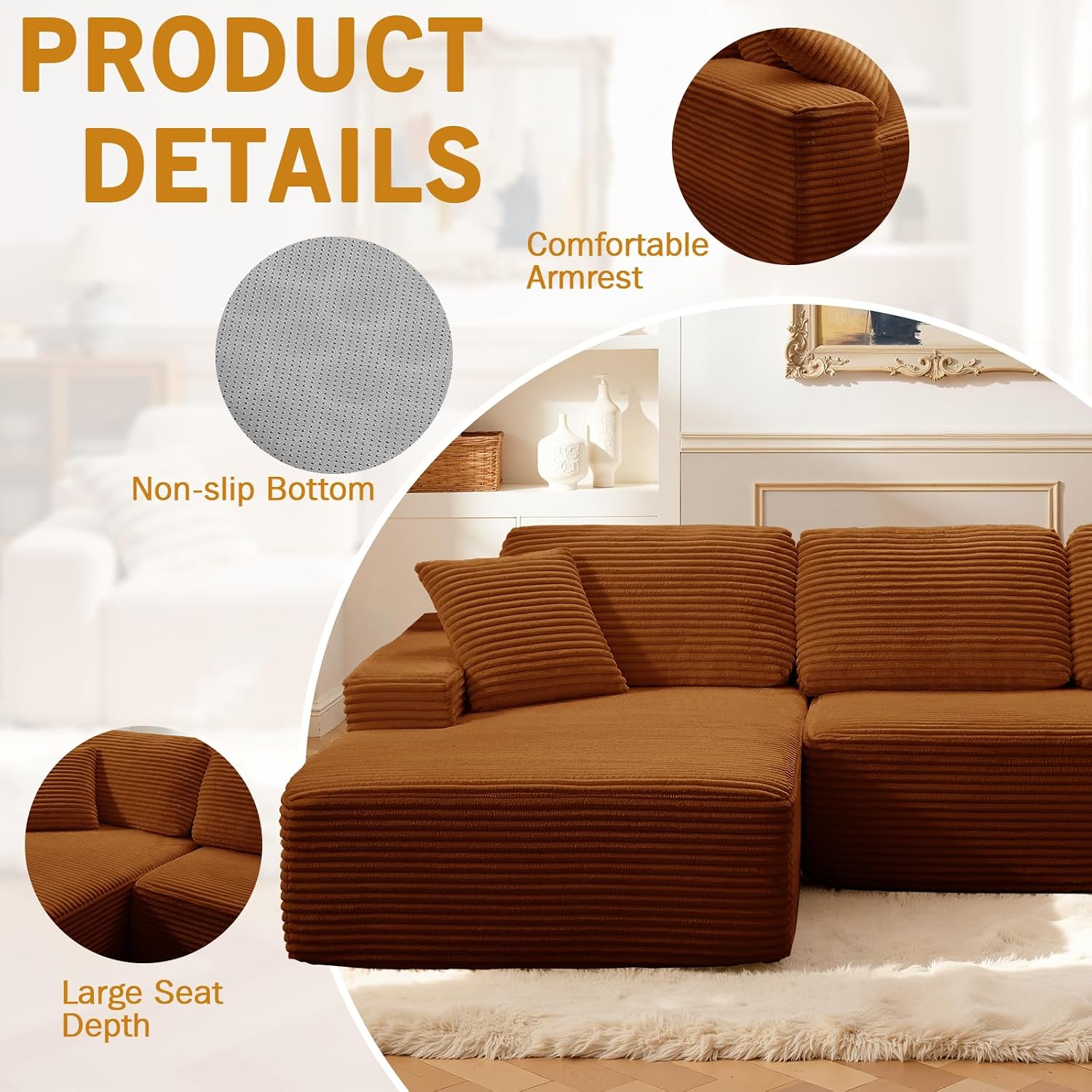 Modular Sectional Sofa, Convertible Sofa Bed, No Assembly Required Cloud Couch with Deep Seat, Modern L-Shaped Boneless Sofa for Living Room (Orange) thumbnail