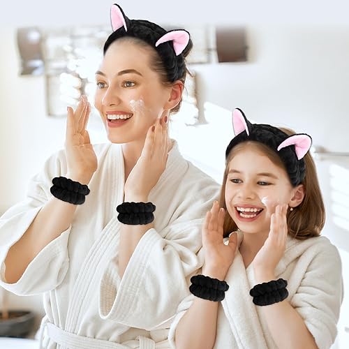 Miniatura 7 de CAVETEE Diadema de maquillaje de 3 piezas para mujer, juego de diadema elástica y muñequera para mujeres y niñas, para el cuidado de la piel,