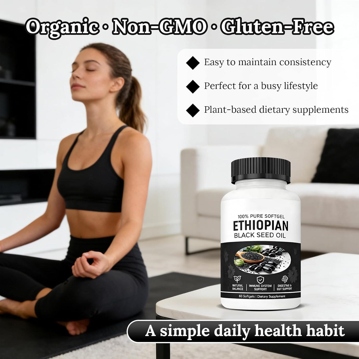 TIMESS Purely Ethiopian Black Seed Oil Capsules, Purely Nutrient Ethiopian Black Seed Oil, Organic Cold Pressed, Non-GMO, Gluten-Free, 60 Softgels (2 Bottle)