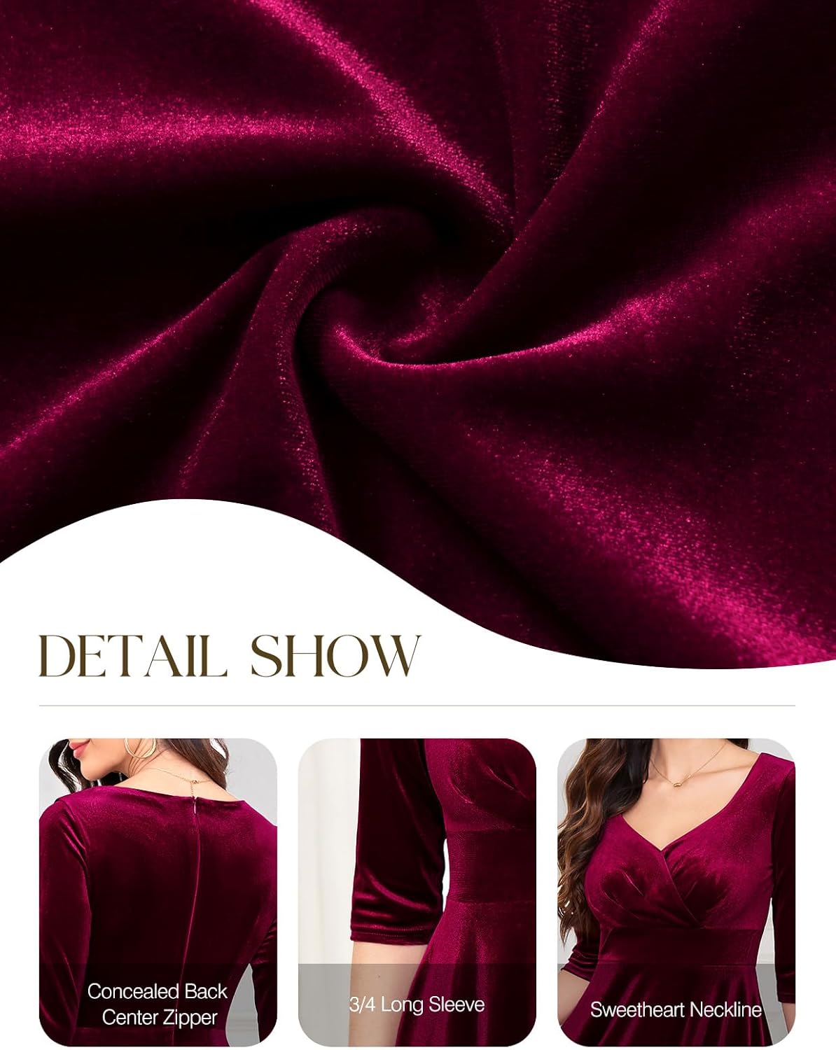 Bbonlinedress Womens Velvet Long Sleeve Formal Wedding Guest Vintage Cocktail Holiday Party Midi Dress - Image 4