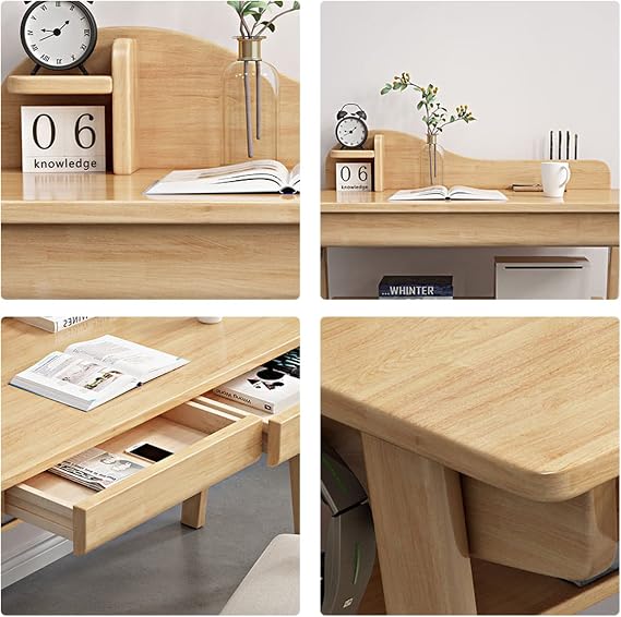 Mid-Century Modern Solid Wood Writing Desk with Drawers and Shelf - Ideal Computer Desk for Home Office Study, Stylish and Functional Furniture