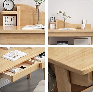 Mid-Century Modern Solid Wood Writing Desk with Drawers and Shelf - Ideal Computer Desk for Home Office Study, Stylish and Functional Furniture