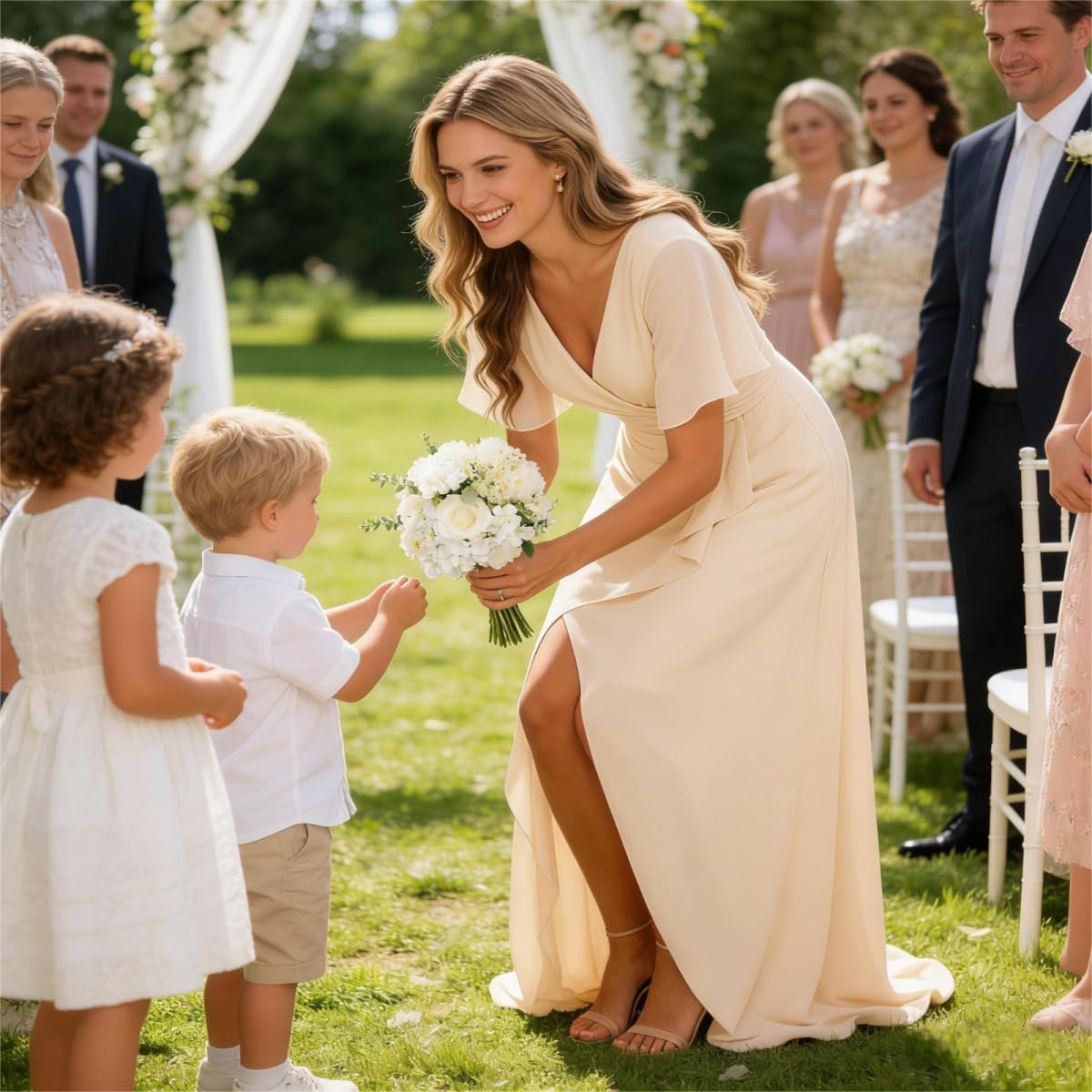 Brautjungfernkleider Lang Damen Chiffon Kurzarm Plissierte Ruffle Formelles Abendkleider Mit Schlitz Für Hochzeit Party