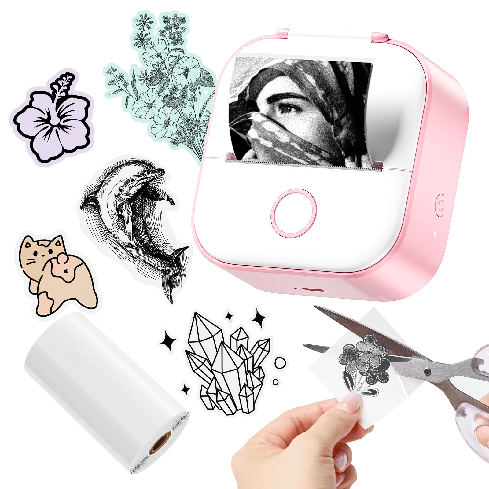 Memoqueen Pocket Sticker Printer T02 Mini Pocket Thermal Printer, Wireless Bluetooth Photo Printing for DIY Journal, Study Notes, Memo, Photos, Ideal for Kids, Compatible with iOS & Android, Pink