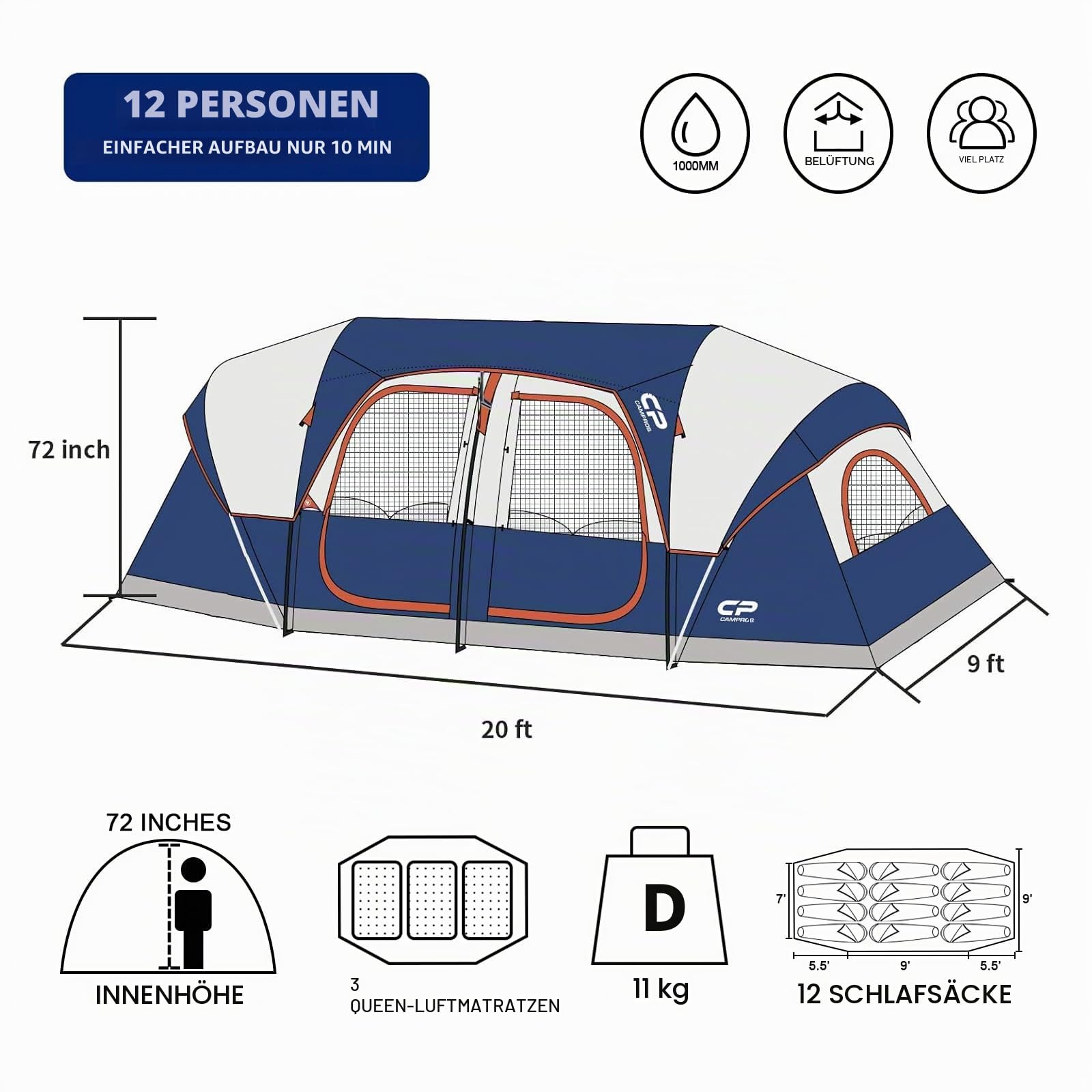 CAMPROS CP Familienzelt für bis zu 12 Personen, Großes Tunnelzelt mit 3 Schlafkabinen, 183 cm Stehhöhe & Großem Wohnbereich, Wasserdichtes Campingzelt mit Moskitonetzen und Tragetasche