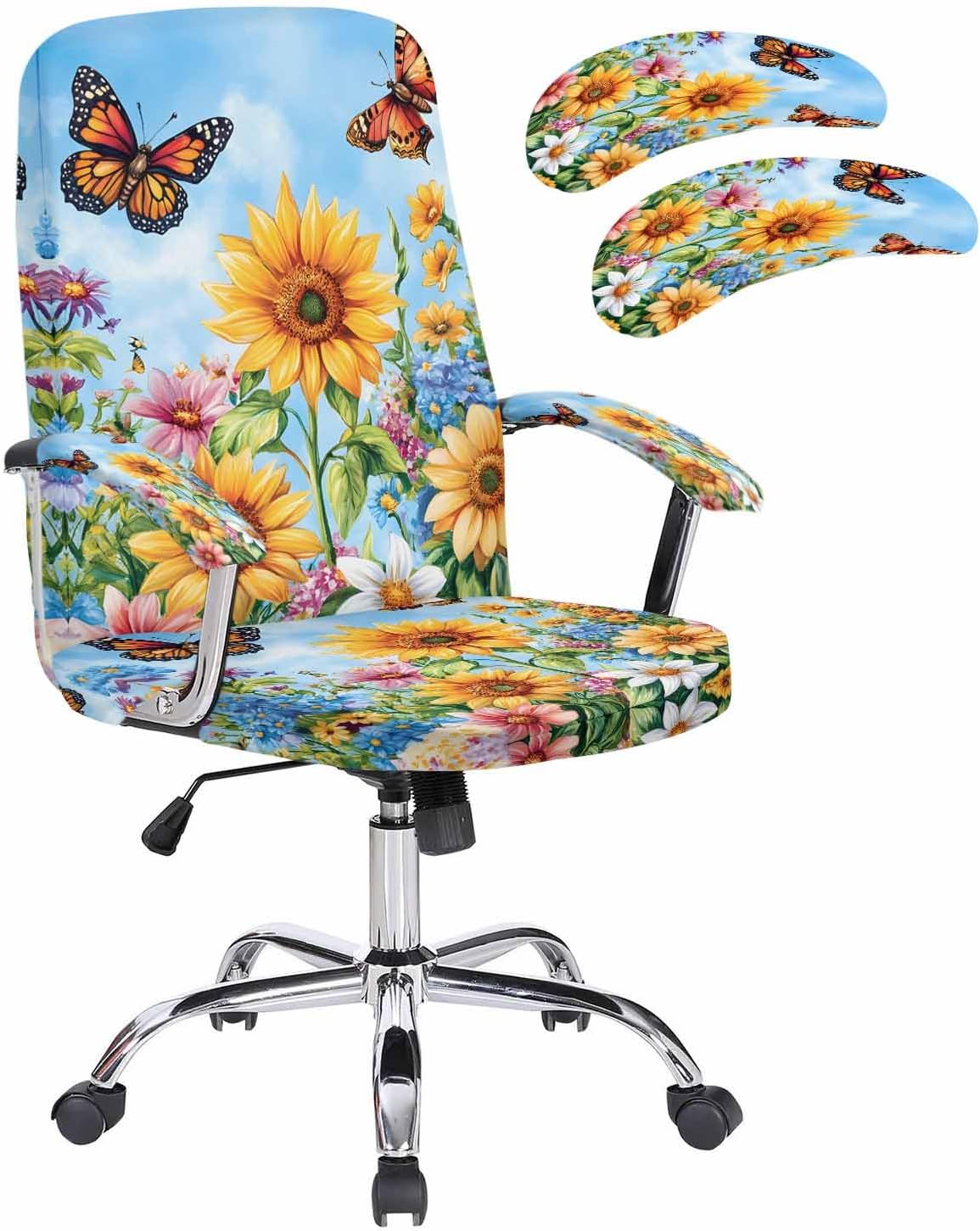 Large Office Chair Cover with Arm Covers, Sunflower Daisy Butterfly Stretchable Removable Desk Computer Chair Slipcover with Zipper, Summer Wildflower Spring