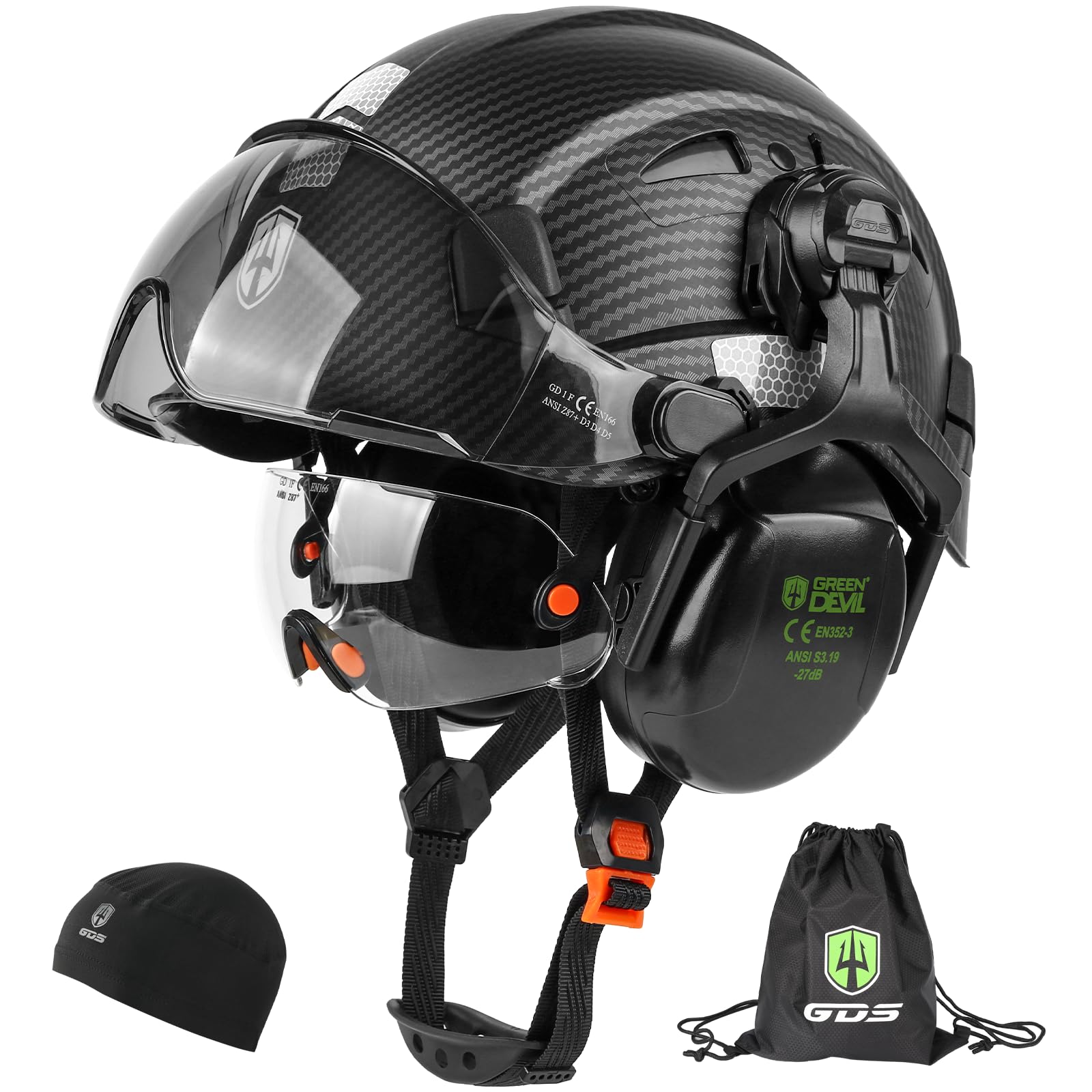 GREEN DEVIL Hard Hat Safety Helmet with Visor and Ear Muffs Men