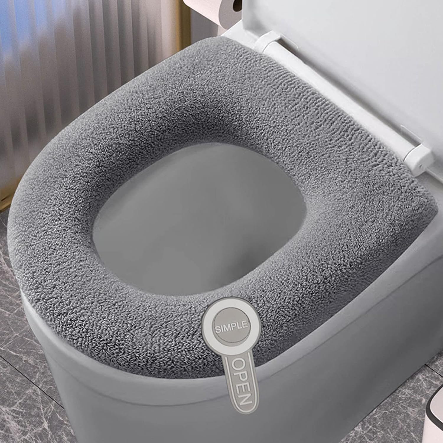Four Seasons Universal Warm Toilet Seat, Home Toilet Seat, Thickened Soft Toilet Cover Cover, Retractable Washable Comfortable Toilet Cover, Reusable, For All Oval Toilet Seat (Grey, With Handle)