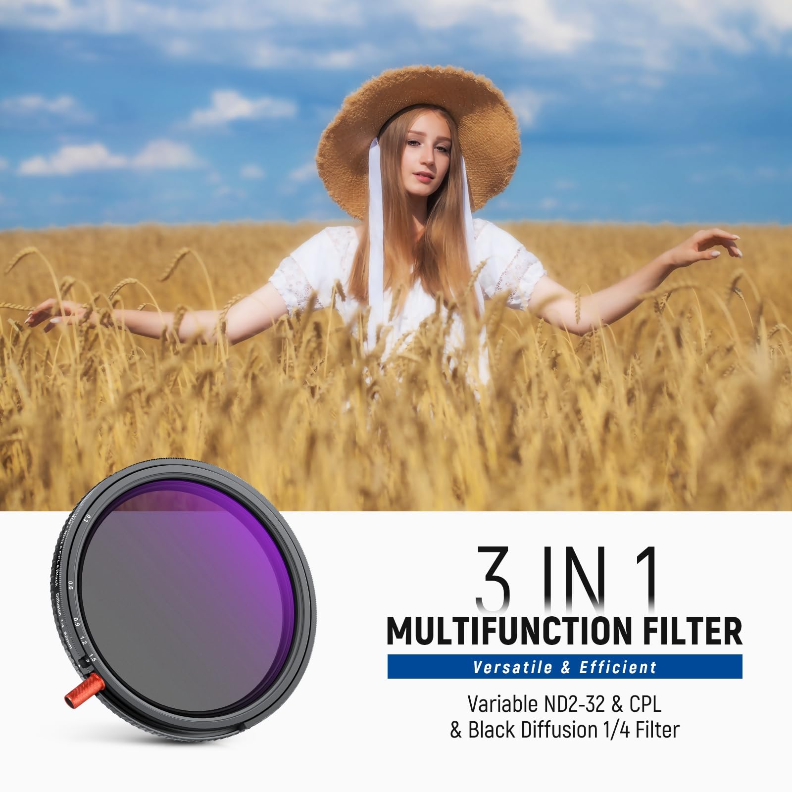 NEEWER 62 mm 3 en 1 Filtro ND variable + CPL + Black Diffusion 1/4 para lente | Filtro Polarizador Circular ND2-32 Difusión Negra 1/4 HD para Efecto Cinematográfico, Accesorios Cámara para Fotografía