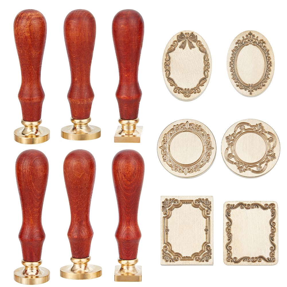 MAYJOYDIY 6Pcs European Ornate Frame Wax Seal Stamp Vintage Floral Embossed Frame Removable Sealing Stamp with Brass Head Beech Wood Handle for Envelopes Cards Invitation Gift Packing