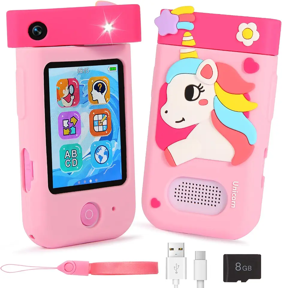 ARNSSIEN Brinquedo infantil para smartphone, tela sensível ao toque de 2,8 polegadas com lente giratória de 180°, câmera, jogos, leitor de música e cartão de 8 GB, presentes de aniversário de Natal