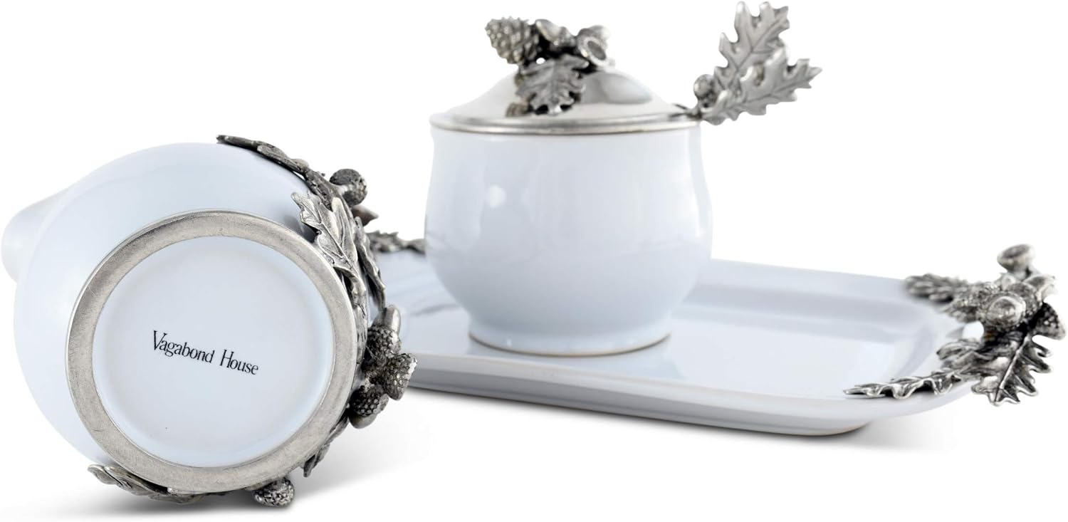 Vagabond House Stoneware Creamer Set - Pewter Acorn and Oak Leaf Forest Collection 5 Pieces creamer pitcher, lidded sugar bowl, sugar spoon and Tray for Coffee and Tea 12.25 inch Long Tray