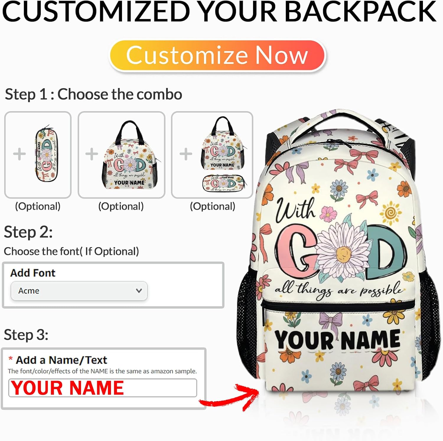 Backpack for Girls Women, Personalized School Backpacks for Kindergarten Elementary Middle College, Cute Custom Christian Gifts for Kids Teens