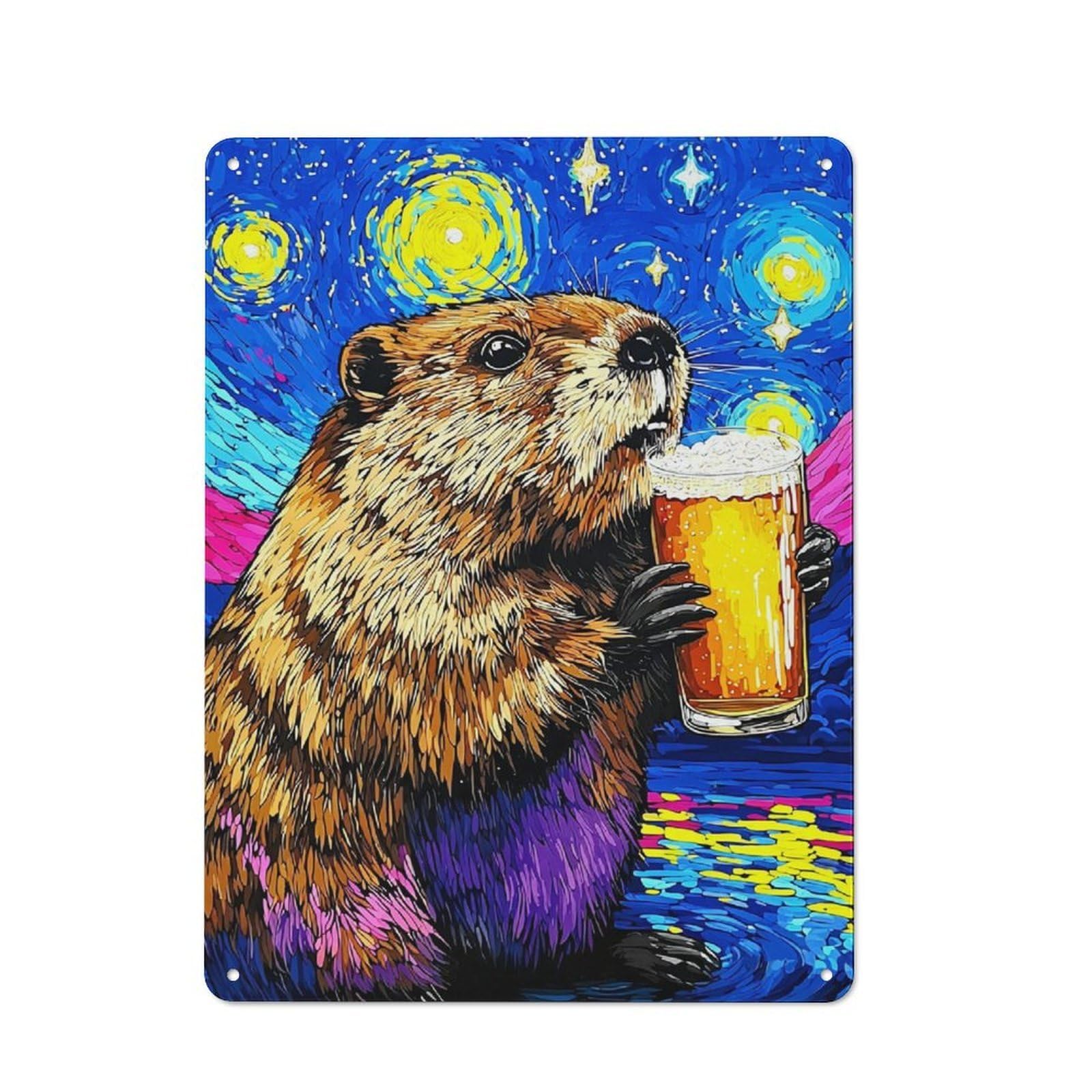 Metal Wall Sign with Beaver Drinking Beer Artwork Design 40x30cm, Loft Style Studio Wall Art for Flat, Bar, Studio Or Gallery Wall