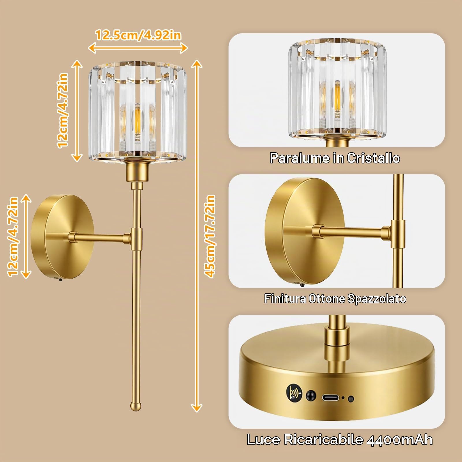 Applique da Parete Interno Dimmerabile, Oro Lampada da Parete Lampade a Batteria, Cristallo Luce Senza Fili Interni 3000K 4000K 6000K per Camera da Letto Scale Corridoio - 2 Pezzi