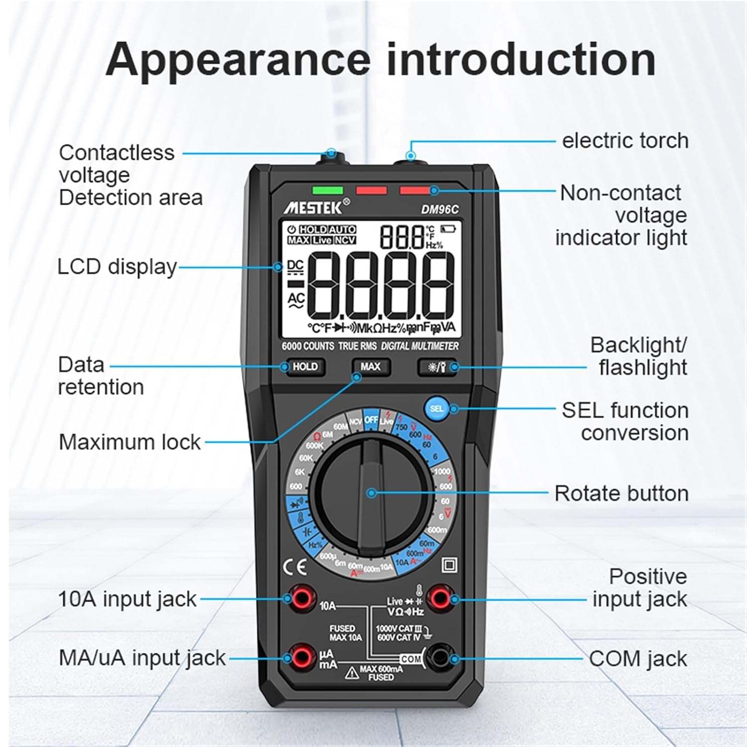 DM96 Digital Multimeter Model with Auto Range AC DC Voltage & Current Temperature Measurement Tester