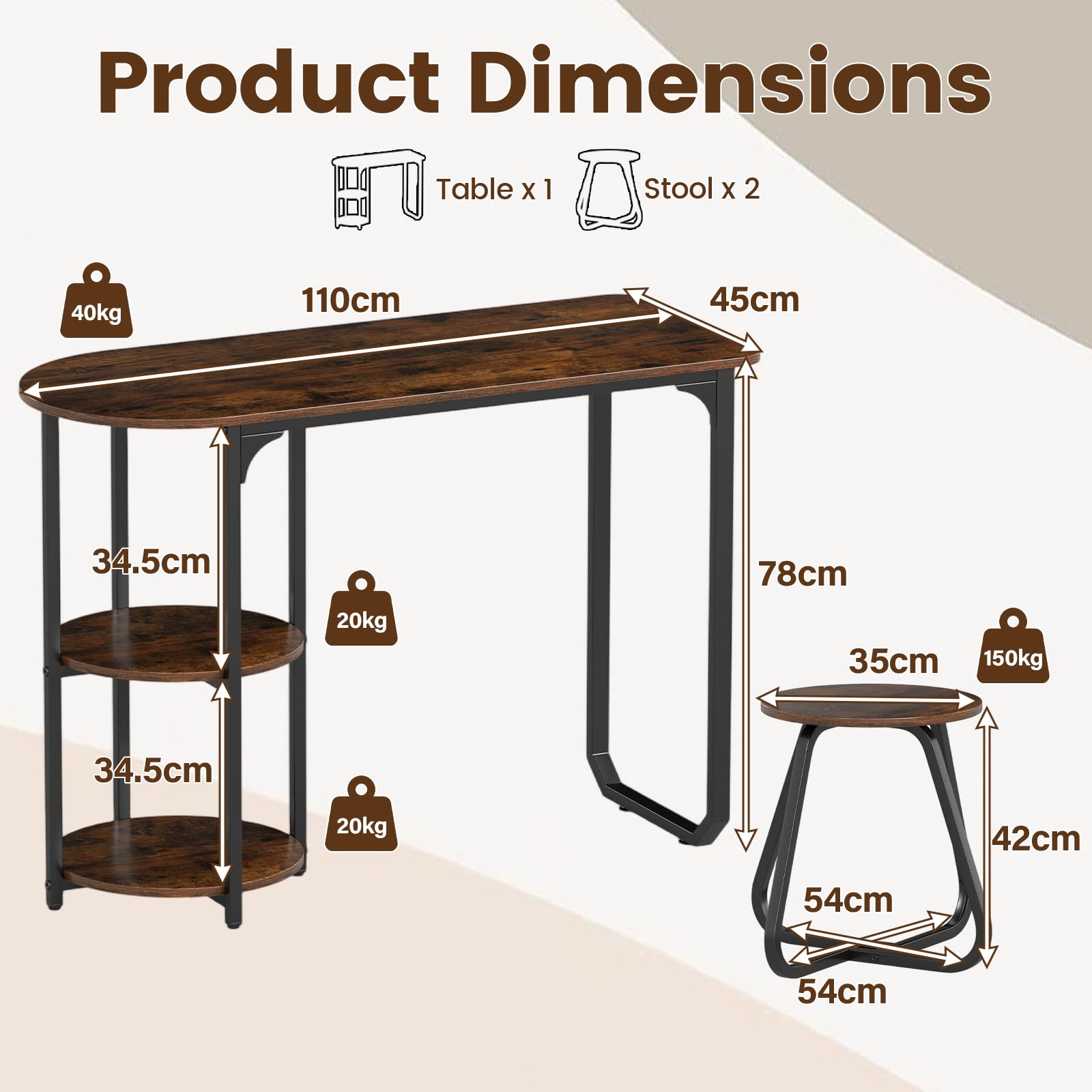 GIANTEX Conjunto de comedor con mesa y 2 taburetes, mesa de comedor con 2 estantes, mesa de madera de 110 x 45 x 78 cm, mesa de cocina rectangular para espacios pequeños, cocina, salón (marrón)