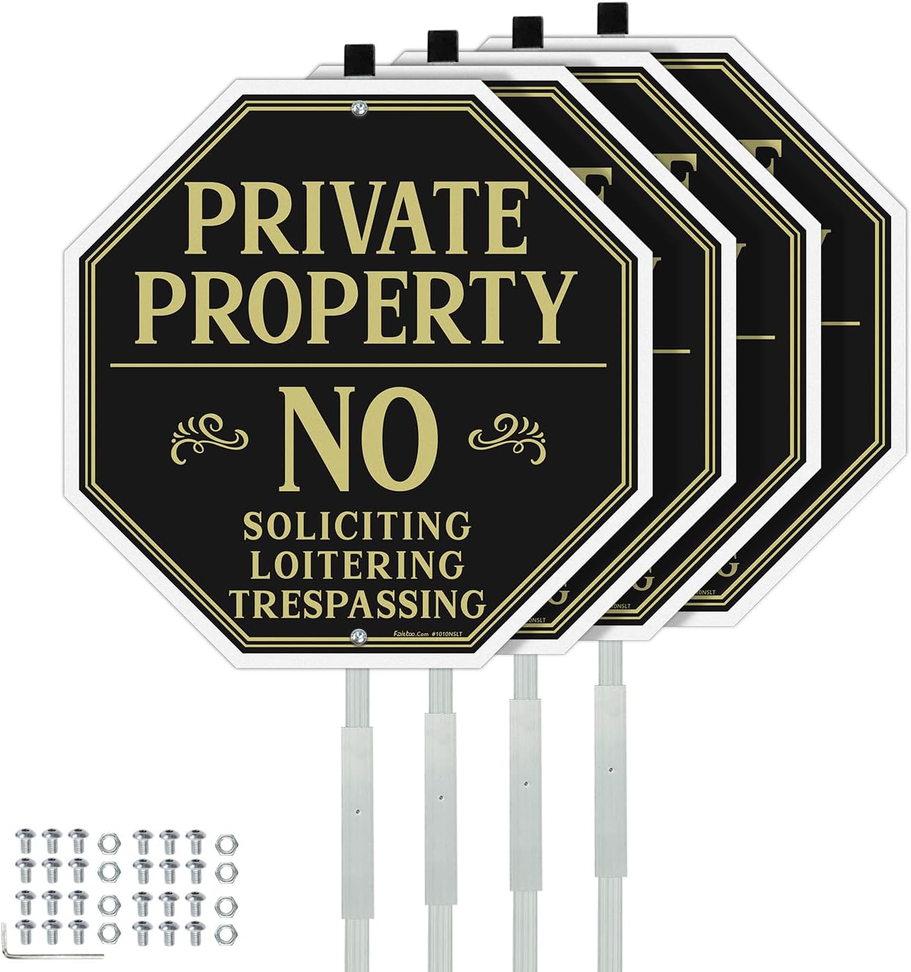 Faittoo Private Property No Soliciting Sign for House with 42" Stake, 4-Pack 10"x10" Rust Free Heavy Aluminum, Reflective, Fade Resistant, 2 Pre-drilled Holes, Includes Matching Screws & Wrench