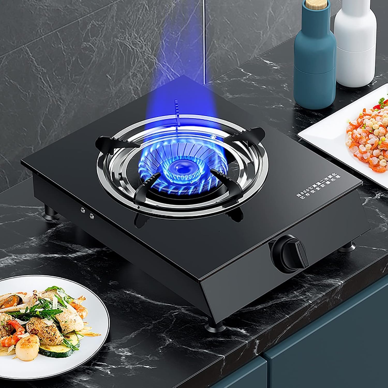 Gas cooktop Desktop Gas Stove Gas hob Portable Black Glass Cooker Desktop Kitchen 1 Burners Ideal for Hiking Camping Picnic Outdoor Gas Cooker [Energy Class A+] [Energy Class A](NG)