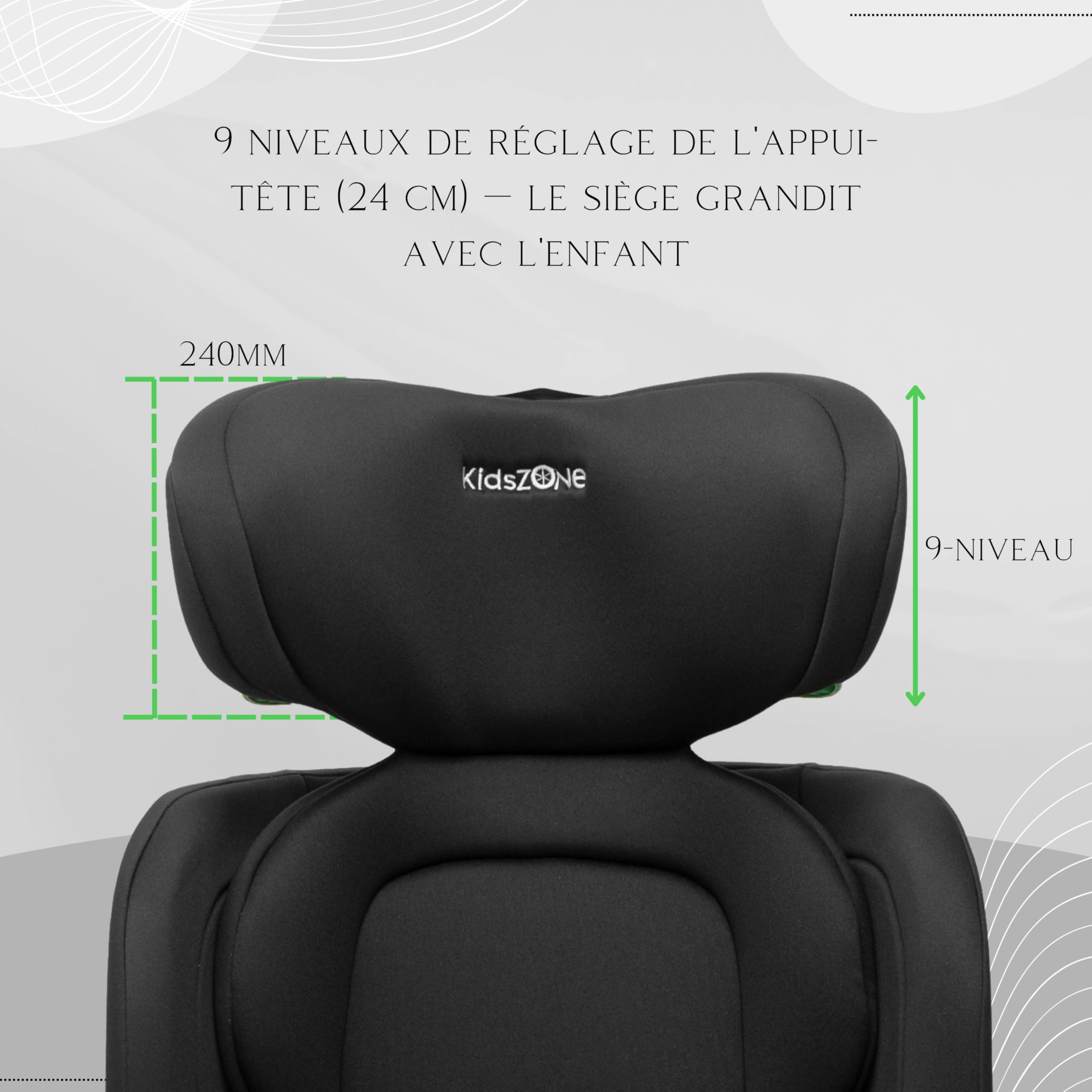 KidsZone Siège Auto 15 à 36 kg Isofix 100-150cm, i-Size ECE R129 - Siege Auto Isofix Groupe 2 3 de 4 à 12 ans - 7 Positions d’inclinaison, 9 Positions d'Appui-tête, Protection Latérale