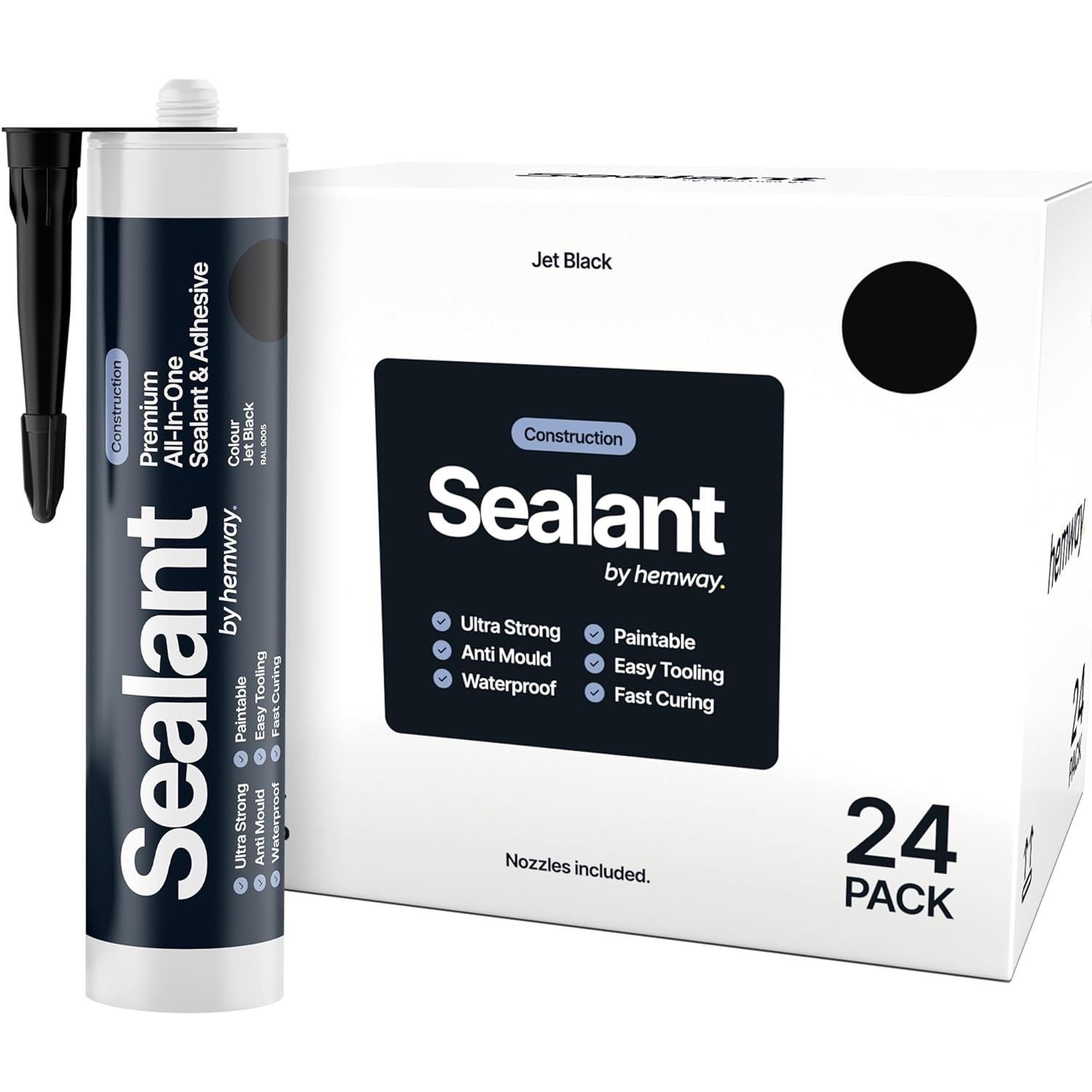 Jet Black Construction Sealant & Adhesive All-in-One Hybrid Polymer | Superior to Silicone Bathroom Caulk Sealant | Waterproof, Odorless, Paintable Caulk | Kitchen Bathroom Outdoor 300 ml 24 Pack