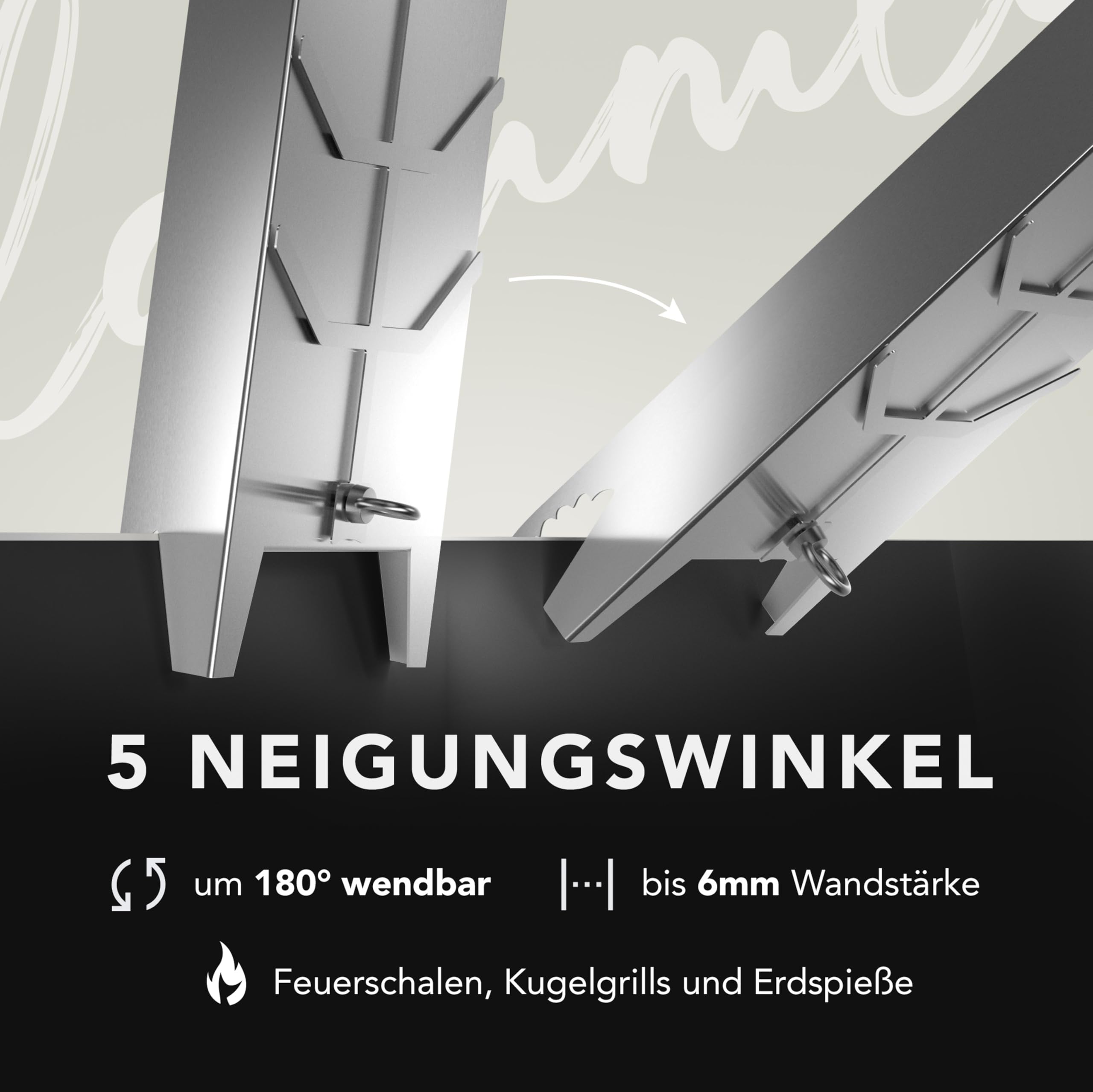 Flammlachsbrett Edelstahl 59,5cm | Extra langer Flammlachshalter passend für Feuerschalen und Grills mit Wandstärke bis 6mm, 180° drehbar | Spülmaschinenfest | Inklusive Anleitung & Rezepten (1er Set)
