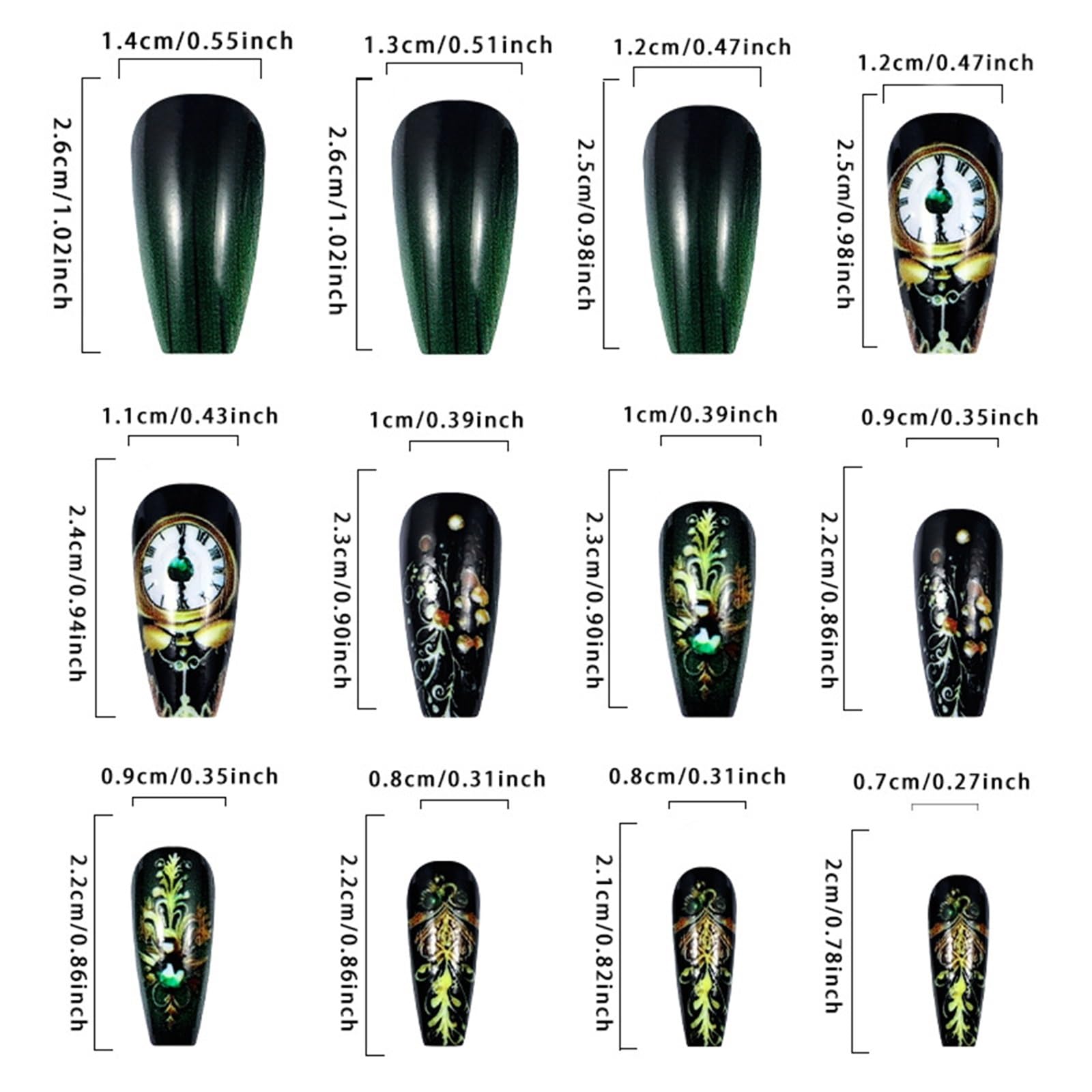 Uñas postizas con diseño de Reloj Vintage, Degradado, Verde, Negro, cuadradas, largas, Cobertura Completa, Esmalte de uñas for Mujer, 24 Unidades