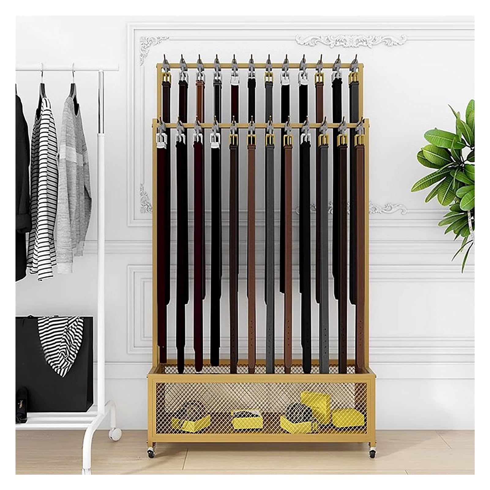 Présentoir à ceintures en fer forgé portable sur roulettes pour boutiques et dressing