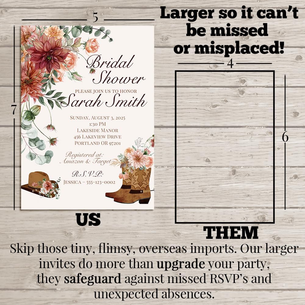 Custom Rustic Cowboy Boots Bridal Shower Invitations – 30 Personalized 5x7 Rustic Western Wedding Shower Cards with Thirty Envelopes – Boho Country Bridal Invites by AmandaCreation