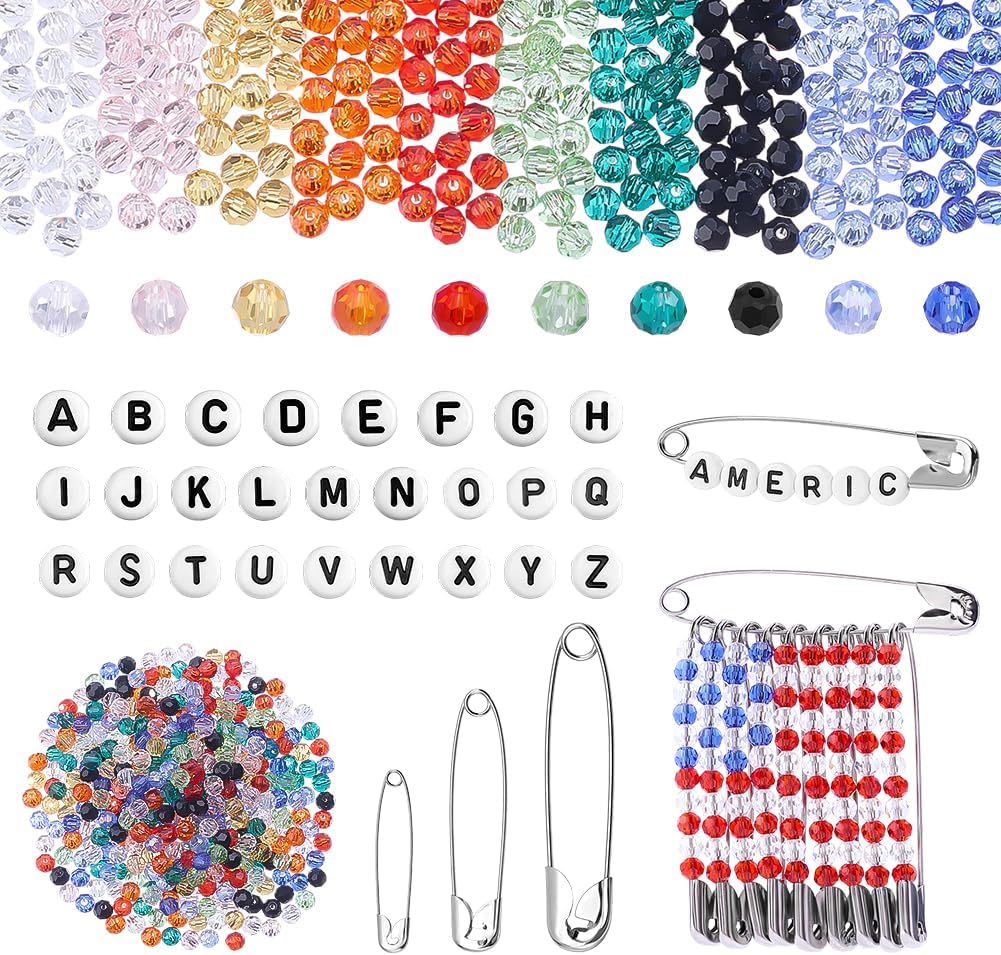 PH PandaHall 1554pcs DIY Beaded Safety Pin Kit, 10 Colors Faceted Glass Beads 4mm Round Crystal Beads Letter Beads with 250pcs Safety Pin Brooches for Pants Jackets Purse Hats Jewelry DIY Crafts