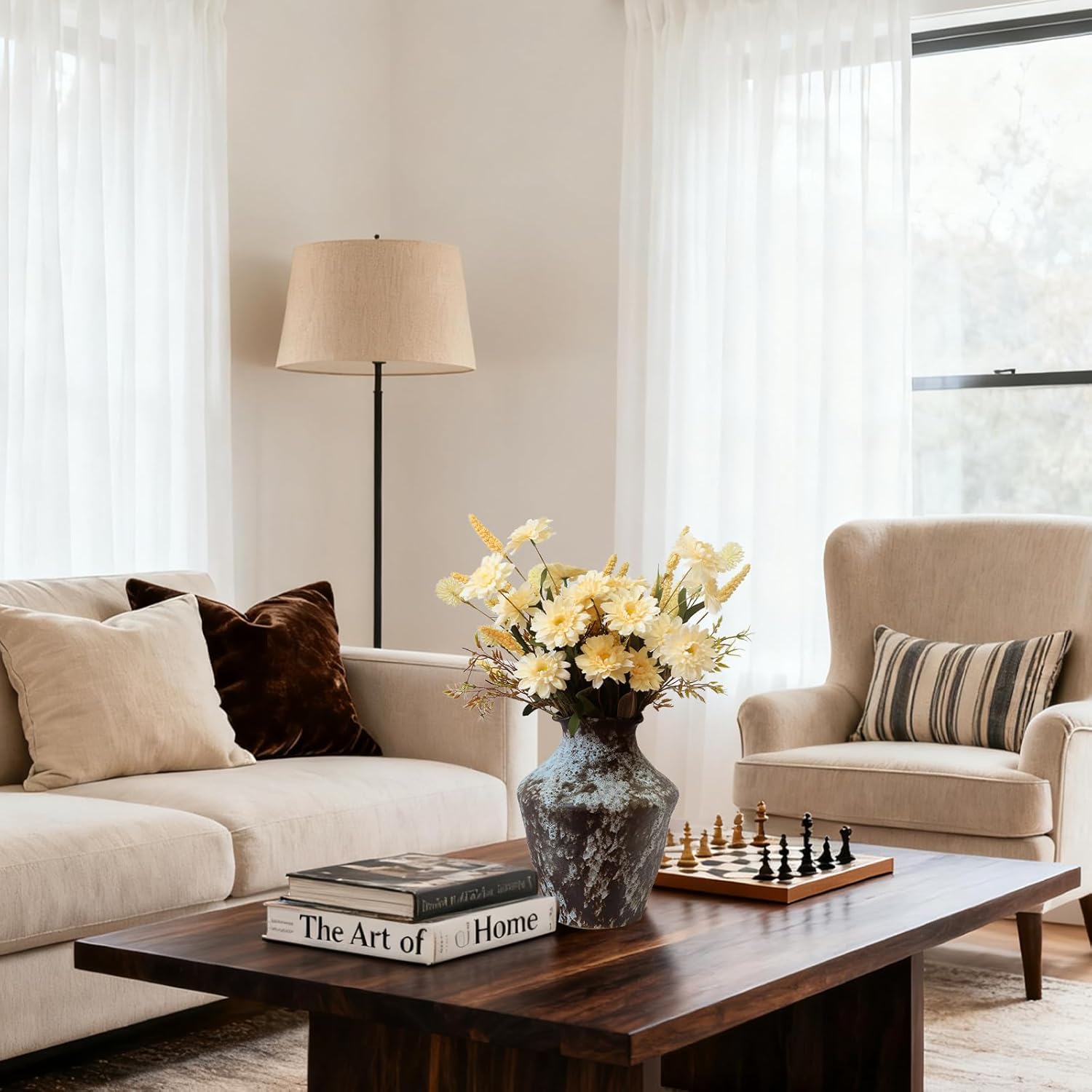 KBREE Artificial Mums Bouquets Faux Daisy Flowers, 4 Bunches Handmade Flowers, 17.7" Natural Farmhouse Mums Bouquets for Winter Home Decor, Indoor Decor & Table Centerpieces(Pale Yellow) - Image 2