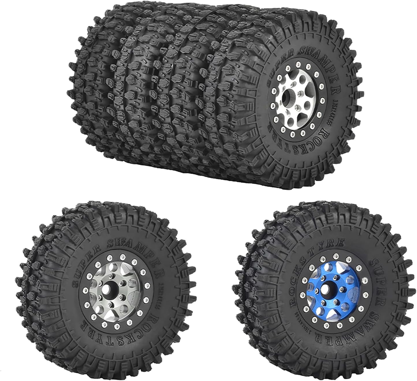 4PCS 1.55 inch Aluminum Metal Beadlock Wheels Rim and 95mm All Terrain Rubber Tires for 1/10 1/12 RC Rock Crawler Car for Axial AX90069 D90 TF2 Tamiya LC70 JIMNY UTB18(5Spoke,Blue)