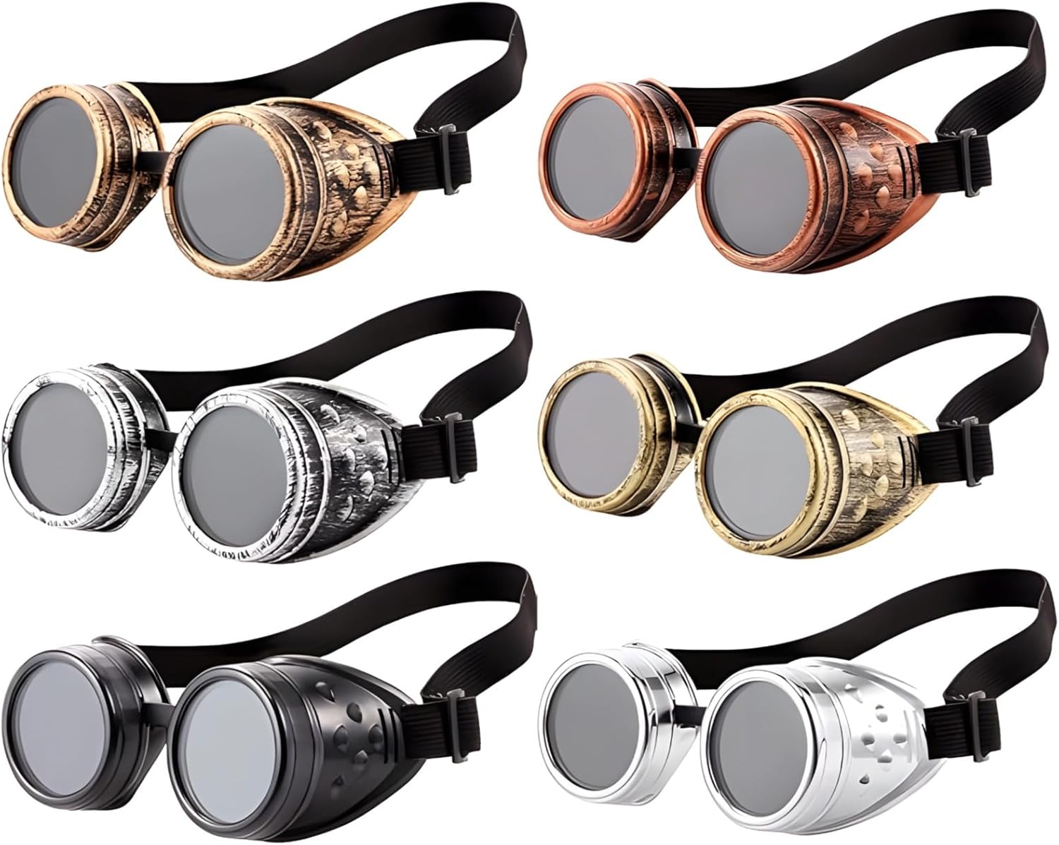 Adjustable Strap Steampunk Goggles 6 Pack, Victorian Style Costume Glasses, Halloween Cosplay Party Accessories, Vintage Round Lens Eyewear