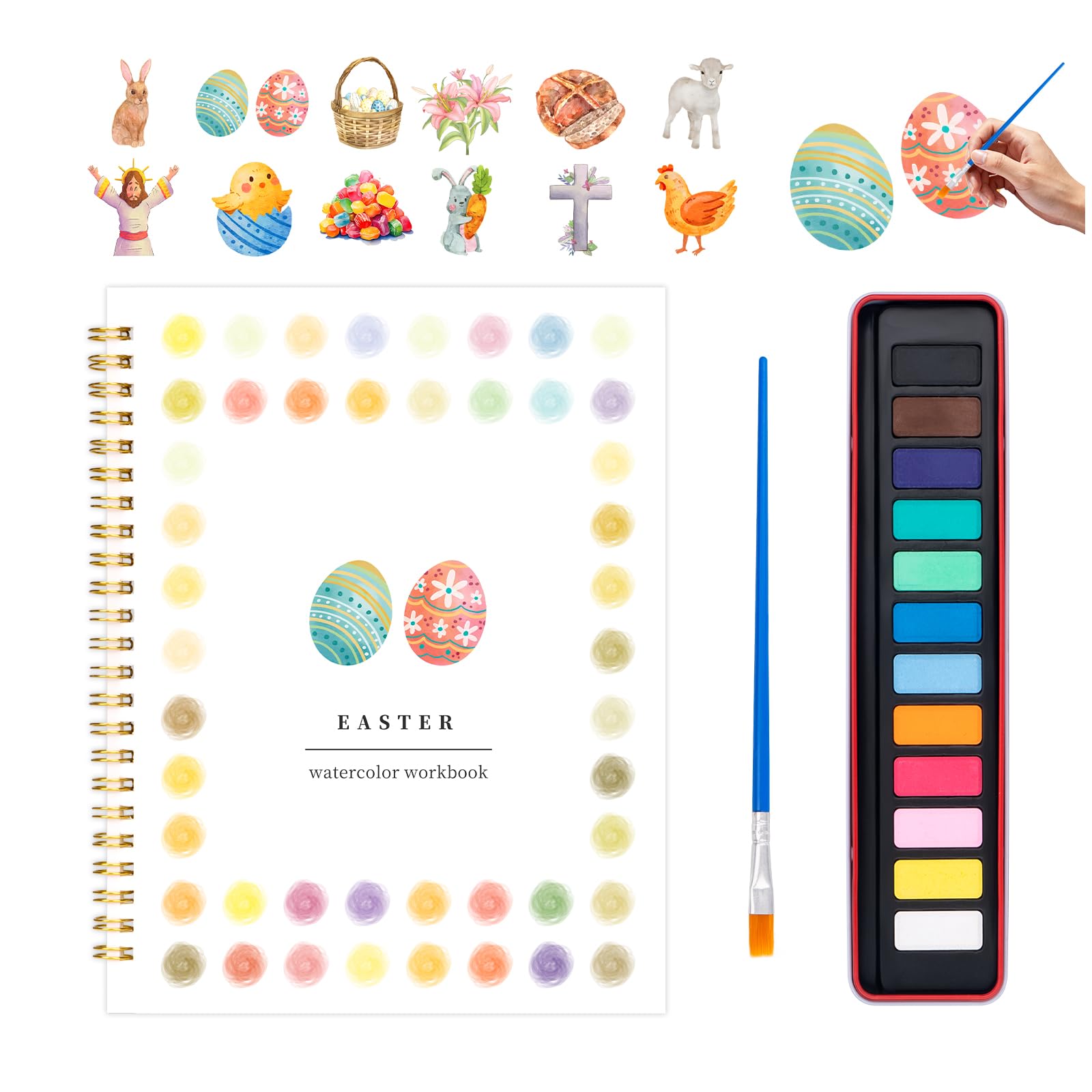 Easter Watercolor Workbook for Adults, Beginner Friendly Watercolor Painting Kit Bunny Eggs Water Coloring Book, Nature-Themed Practice Art Gift Water Color Paint Book with Palette and Brush