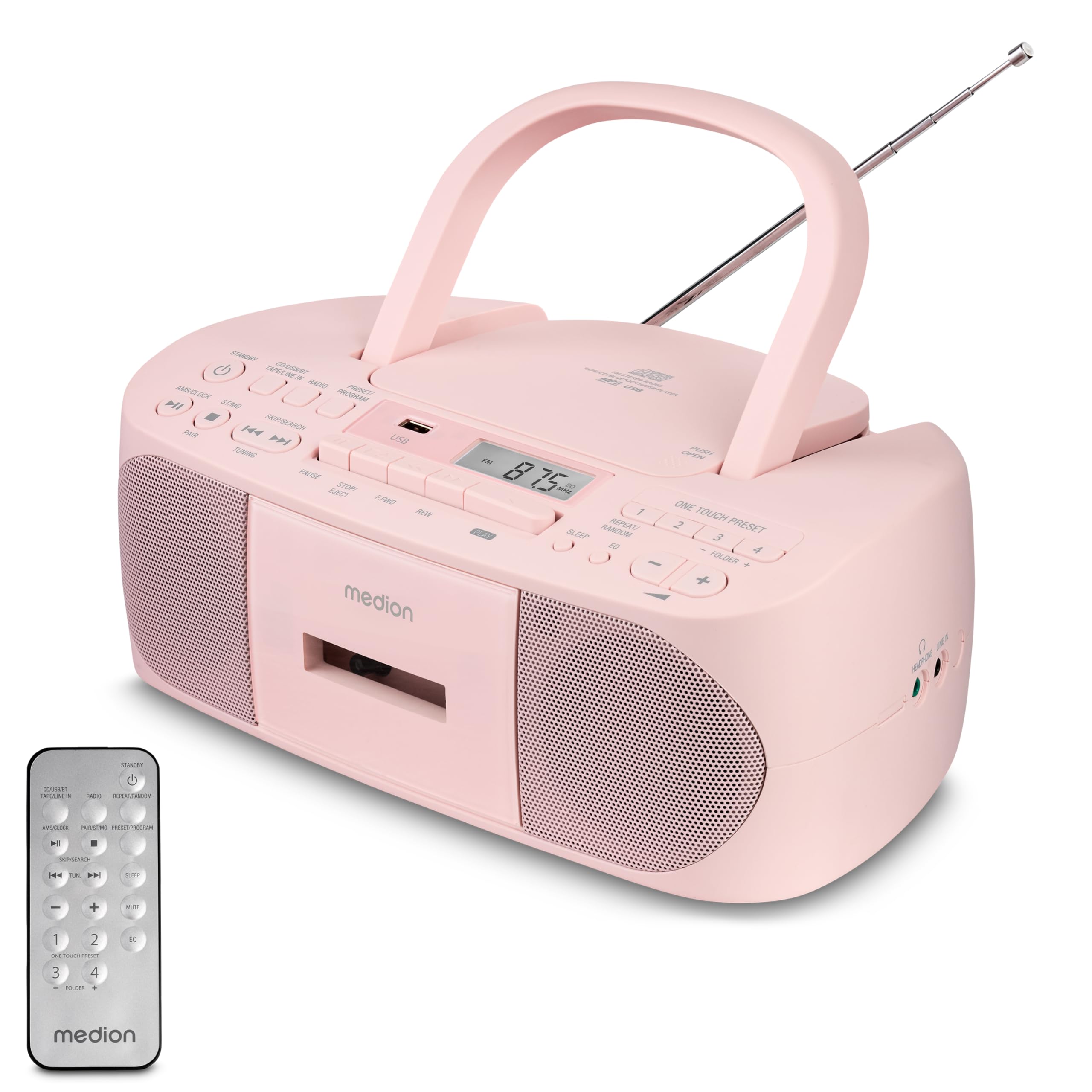 MEDION E65010 Radio estéreo (Reproductor de CD, Casete, conexión USB, Entrada de Audio AUX, reproducción MP3. Radio FM PLL, Memoria para 40 emisoras, Funcionamiento con Pilas, Mando a Distancia) Rosa