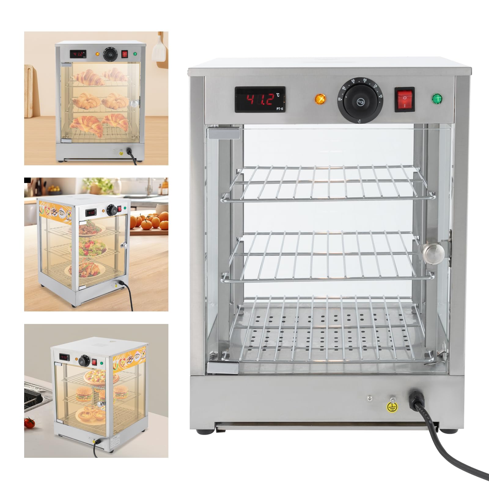 Vitrina de acero inoxidable 3 niveles, 800 W, mostrador de calor iluminado, 30-85 °C