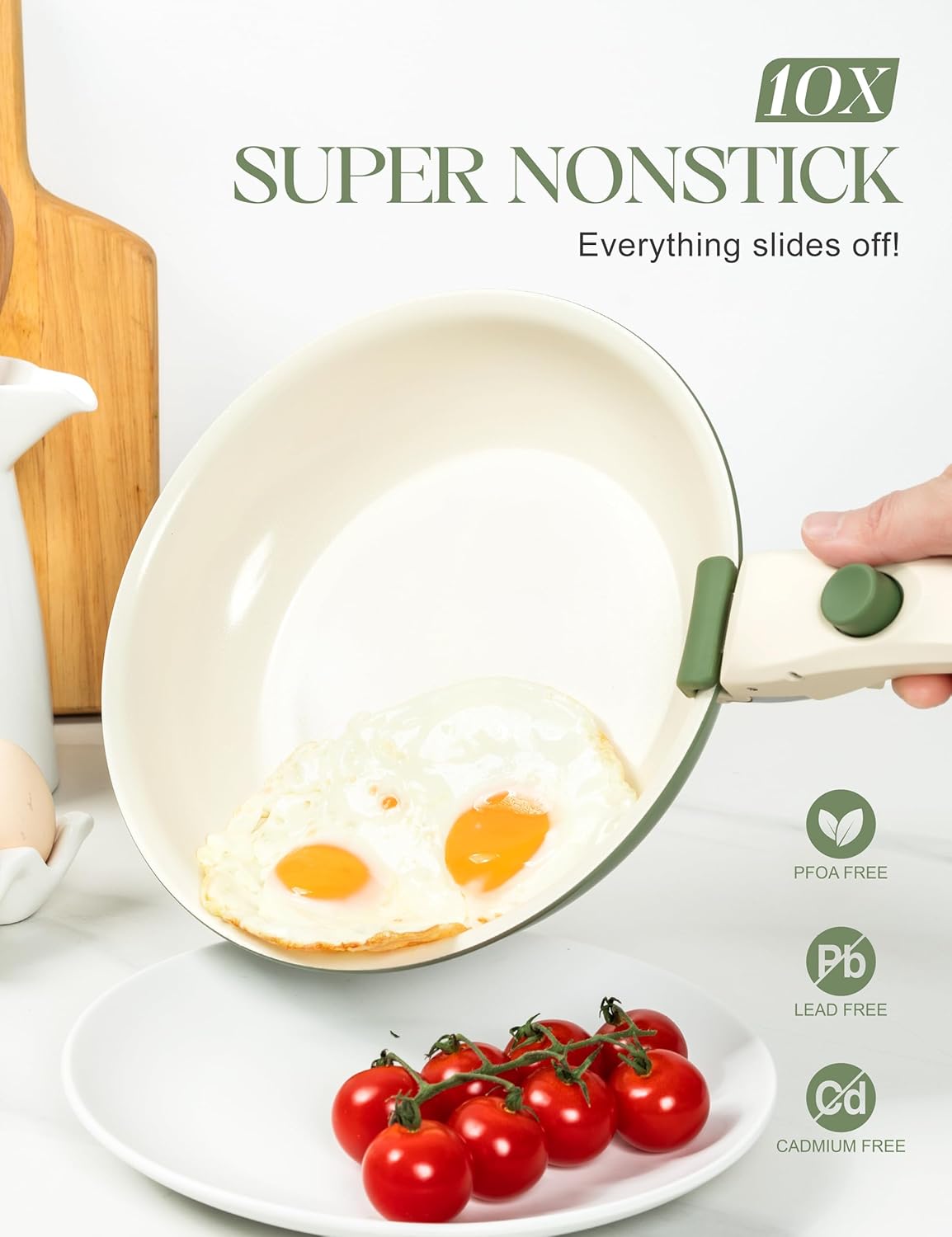 MICHELANGELO Ceramic Frying Pan Set, 8" 9.5" and 11" Fry Pans with Removable Handle, Nonstick Skillet Sets with Non Toxic Coating, PFOS & PFOA Free, Induction Compatible, Green