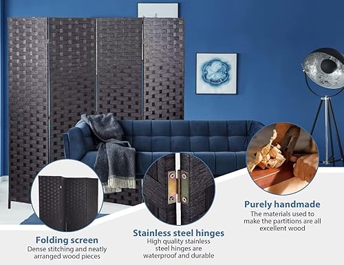 Miniatura 3 de Divisores de habitación hechos a mano de malla de madera tejida y divisores con doble cara tejida, divisor de pantalla plegable portátil para