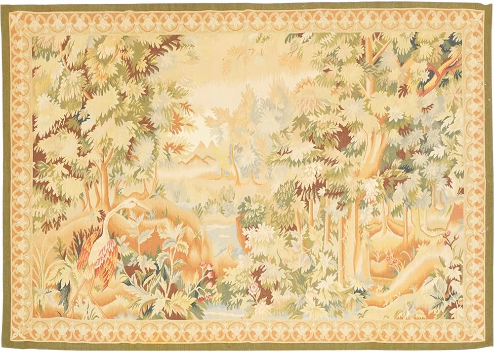 Yilong Carpet 4.4' x 6.2' Vintage Handmade Aubusson French Art Tapestry Wall Hanging Wool Rug Tree and Longevity Design W40C4.4x6.2