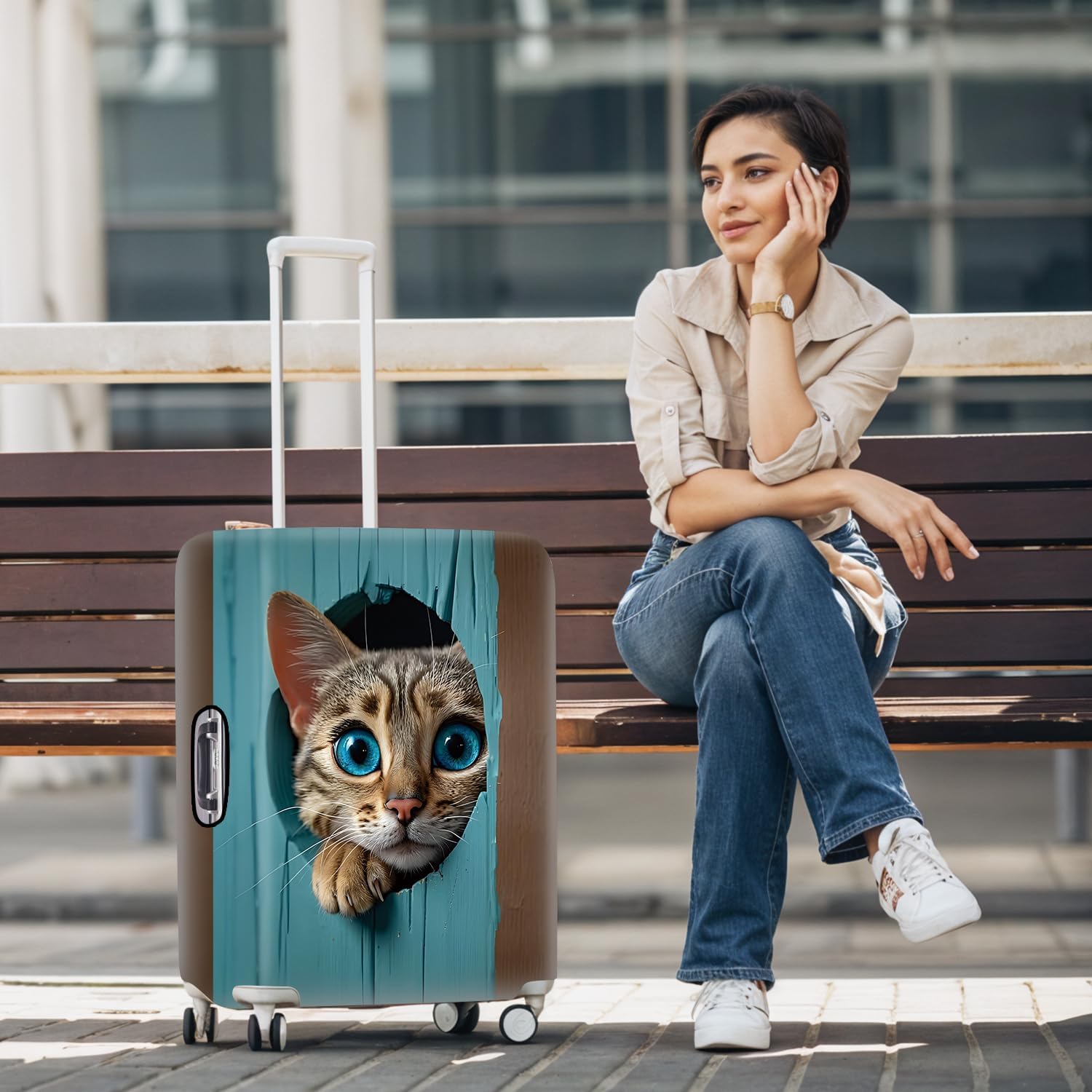 Funny Peeking Cat Luggage Cover - Cute Bengal Cat with Blue Eyes Suitcase Protector - Elastic Spandex Travel Baggage Sleeve Fits 32-34 Inch Luggage Travel Case Cover,XL