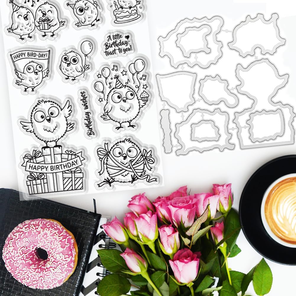 Cartoon Bird Birthday Gift Card Making Silicone Stamp and Die Set, Reusable Clear Stamp Comic Birds Silicone Stamps for DIY Scrapbooking Photo Album Decorative Arts Crafts Home Decor image 5