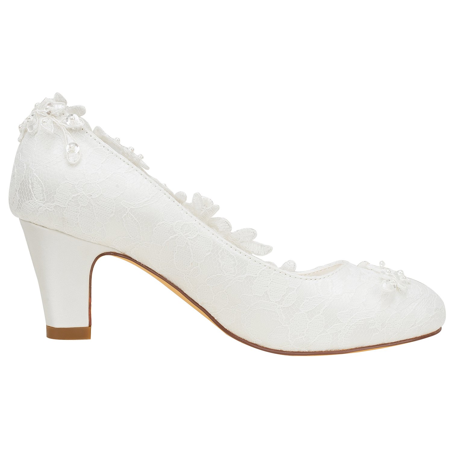 Chaussures de mariée Femmes Soie comme du Satin Talon bottier Escarpins avec Couture Dentelle Une Fleur Cristal Pearl