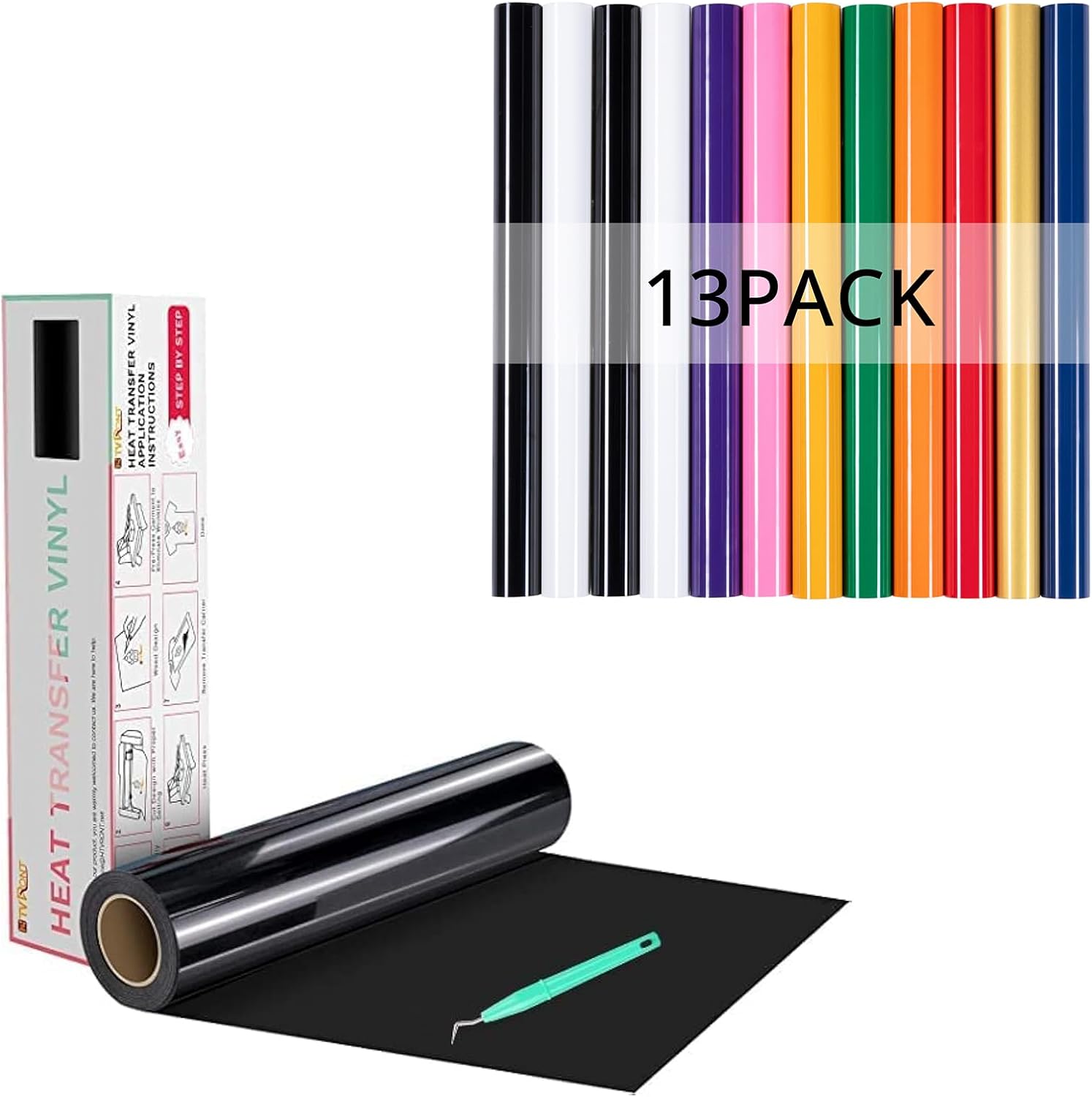 HTVRONT Black HTV Heat Transfer Vinyl Rolls - 12" x 20ft & 13 Pack HTV Vinyl Sheets 12" x 10" 10 Assorted Premium Colors