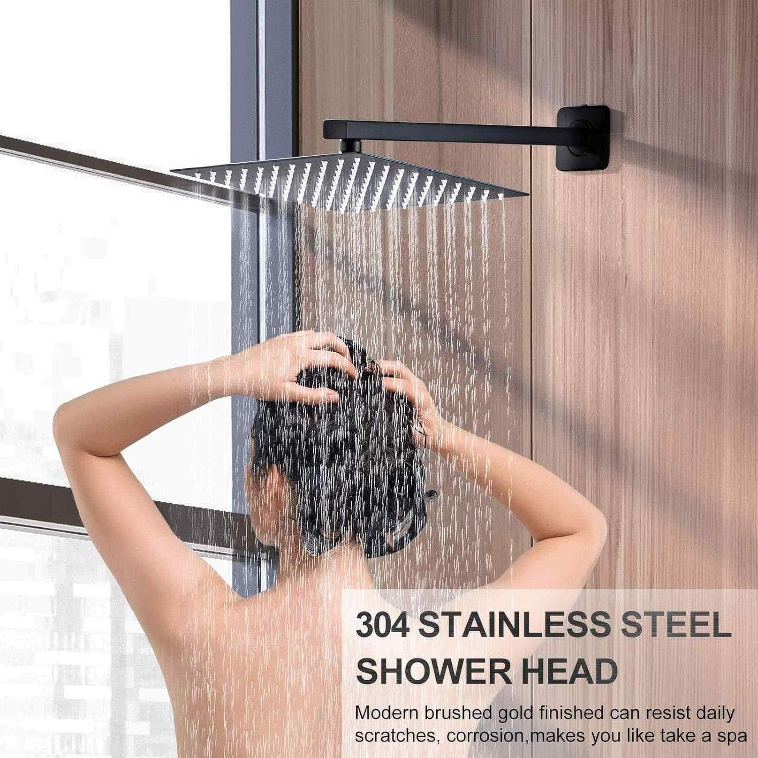 SaniteModar Black Shower Head System 10 Inch Square Rainfall Shower Head with Handheld Shower Vaval and Trim Kit Wall Mounted Shower Faucet Set, Matte Black Shower Head