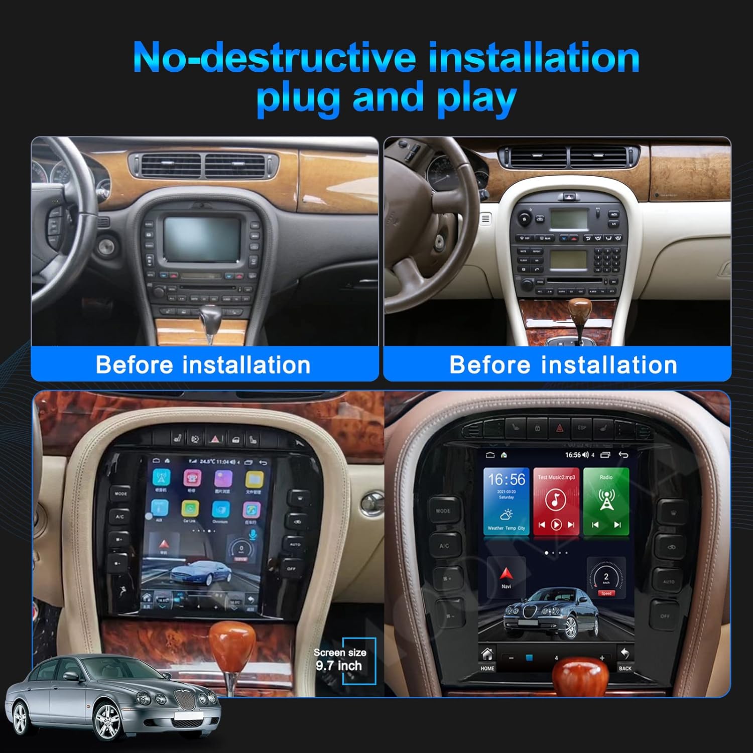 Android Car Radio GPS Navigation Head Unit for Jaguar S-Type 2004-2008 Stereo Replacement Tesla Style Dash IPS Touch Screen Multimedia Player Carplay DSP (6-128GB)