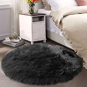 Latepis Black Furry Rugs for Bedroom Circle Faux Sheepskin Fur Rug Fluffy Round Rugs 6ft High Pile Plush Shaggy Rug for Living Room Playing Room Luxury Home Decor