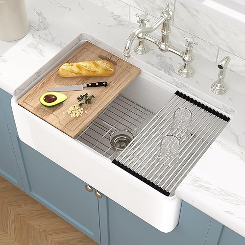 Sarlai White Farmhouse Sink - 33 Inch Fireclay Farm Kitchen Sink Undermount Workstation 33x20 Inch Single Bowl Apron Front Ceramic Farmer Barn Sinks Basin with Accessories