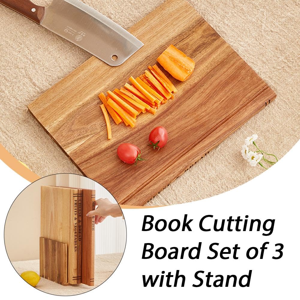 Buchschneidebretter Set, The Cutting Board Library, Book Shaped Design, Holz Schneidebretter & Holz Utensilien-Set, Dekorative Schneidebretter mit Ständer für Obst, Gemüse, Fleisch, Fisch, Brot