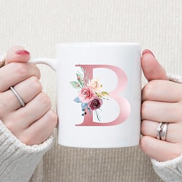 Monogrammed Floral Letter B Ceramic 11 Oz Personalised Mug Pink, Custom Initial Mugs for Women, Bridesmaids, Mums, Birthdays – Stylish Large coffee cup, Tea, Hot Chocolate, Office or Home Use