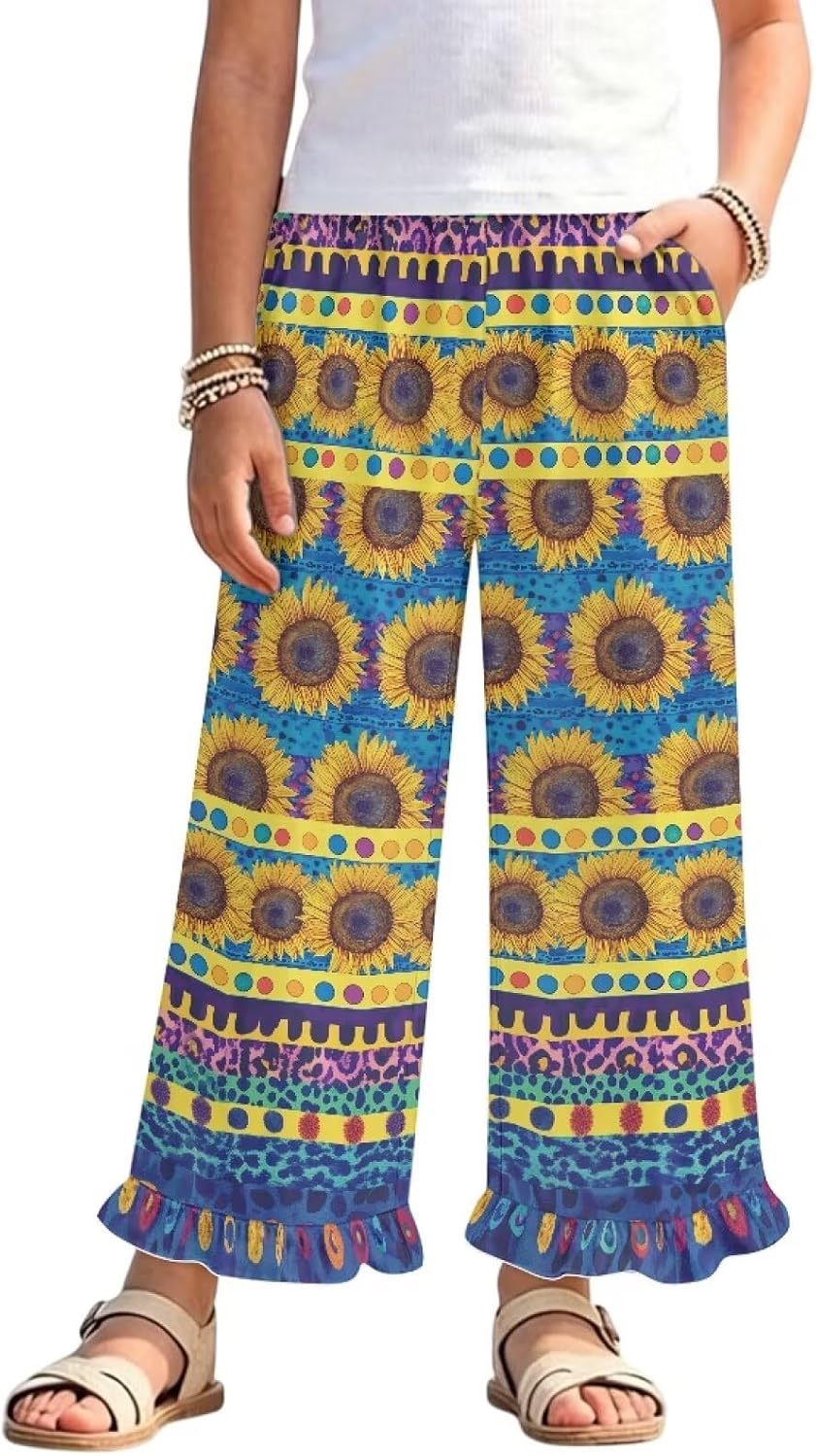 Wanyint Girls Wide Leg Pants with Ruffle High Waisted Loose Fit Summer Trousers Stylish Summer Outfits for 5-14 Years Kids